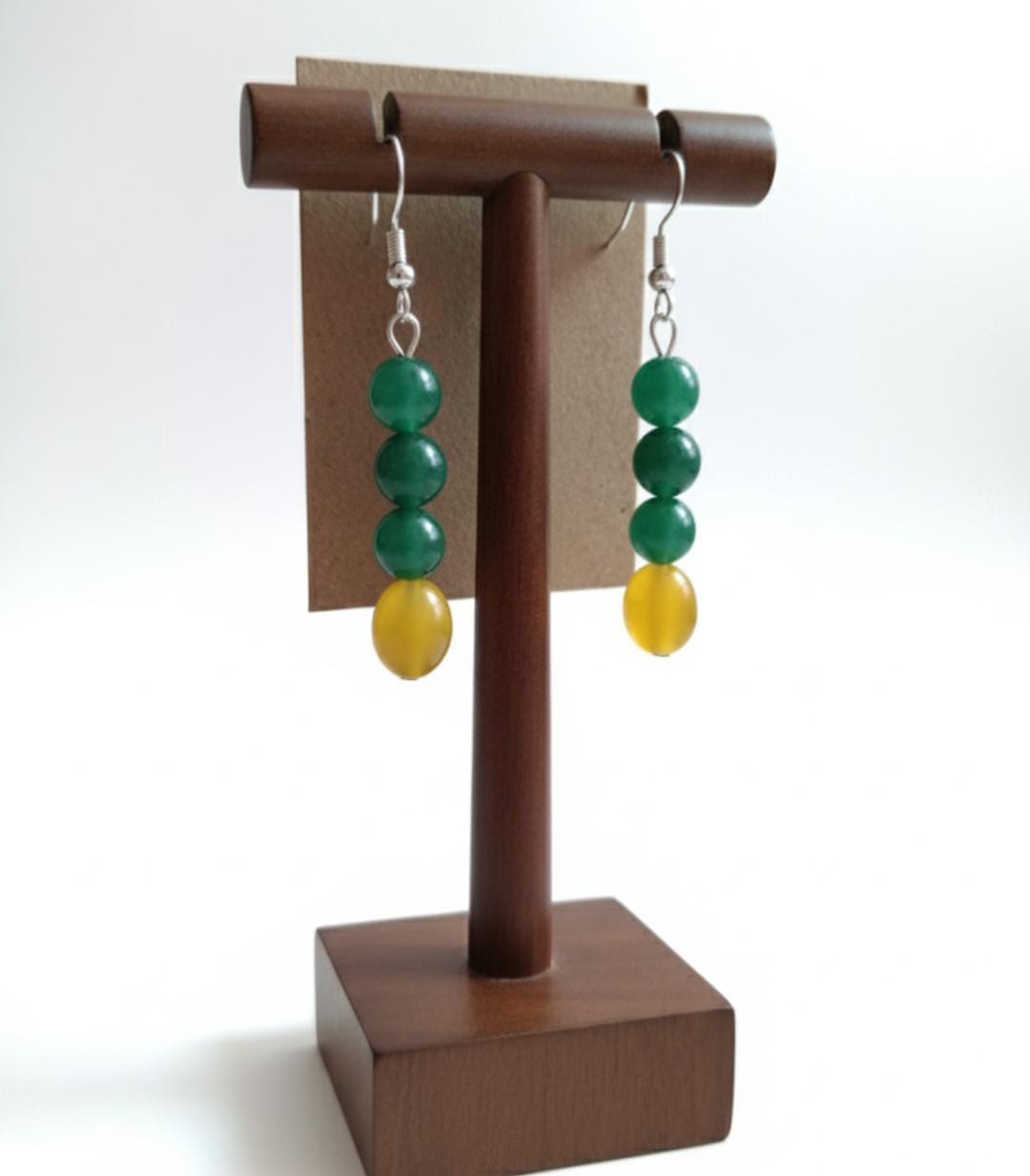 Green & Yellow Beaded Drop Earrings - Image 3