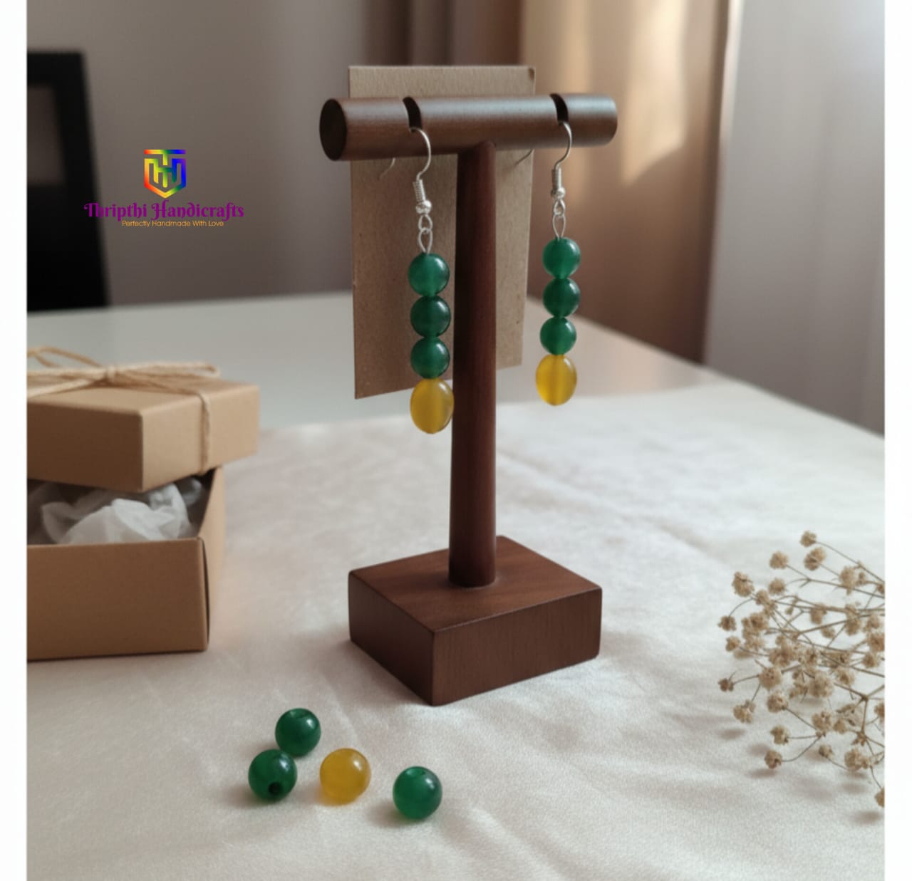Green & Yellow Beaded Drop Earrings - Image 2